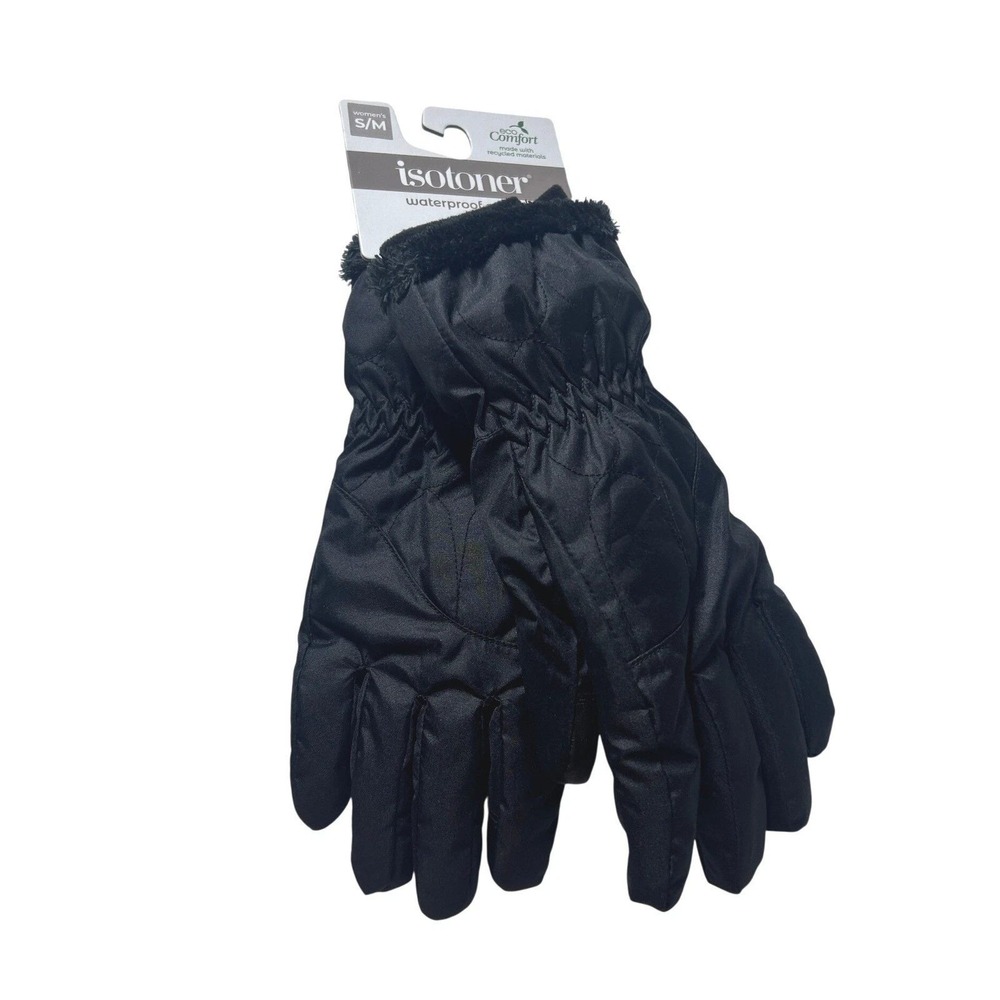 Isotoner Womens Black Waterproof Quilted Winter‎ Gloves smarTouch S/M A512K2 NEW